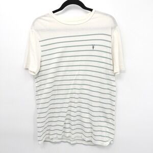 AllSaints Striped T Shirt Mens M White Blue Ramskull Logo Minimalist Indie